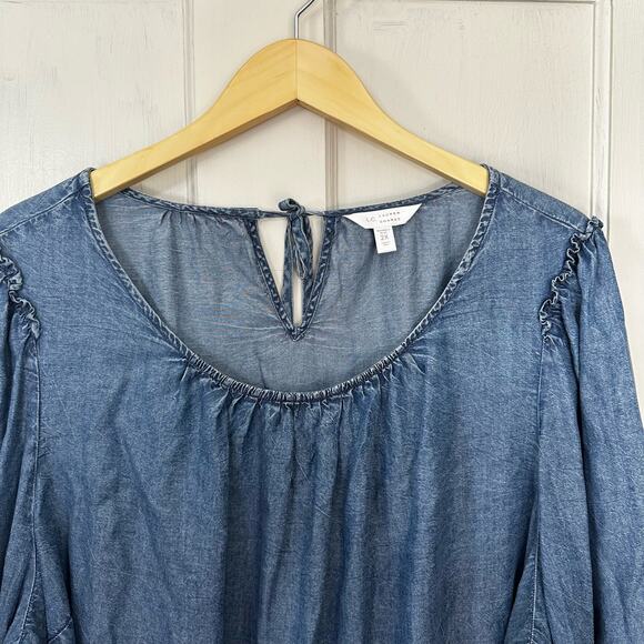LC Lauren Conrad Blue Chambray Top 2X‎ Long Sleeves Boho Lace Pleated Peasant - Picture 6 of 8
